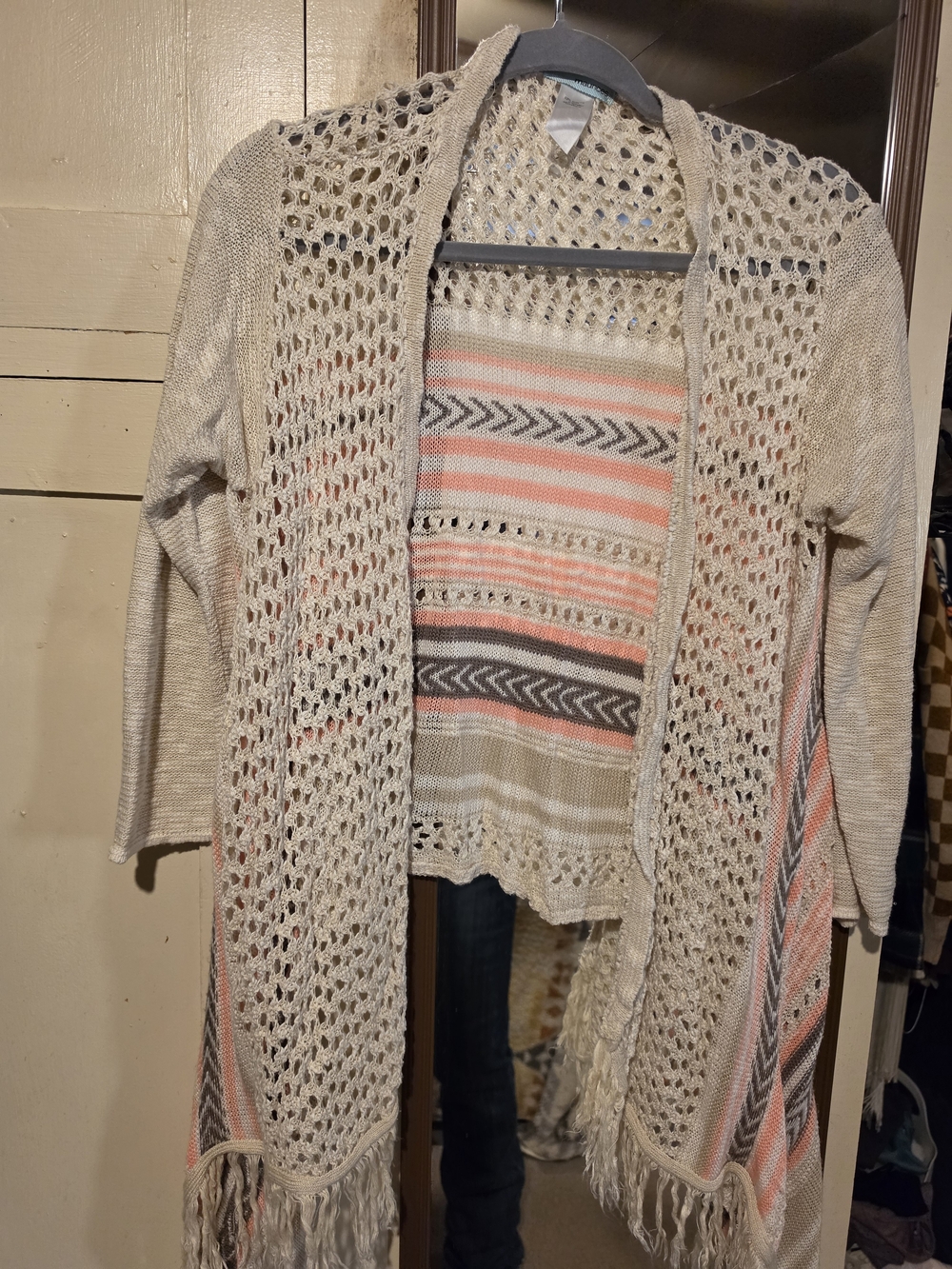Maurices Beige Open-Knit Fringe Cardigan with Coral & Gray Stripes